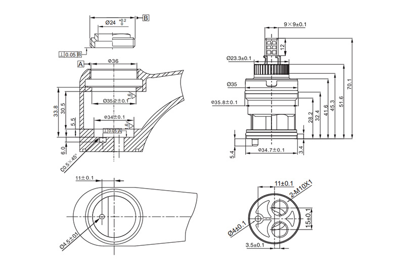 LT35H-10 35mm Faucet Cartridge with Distributor Drawing