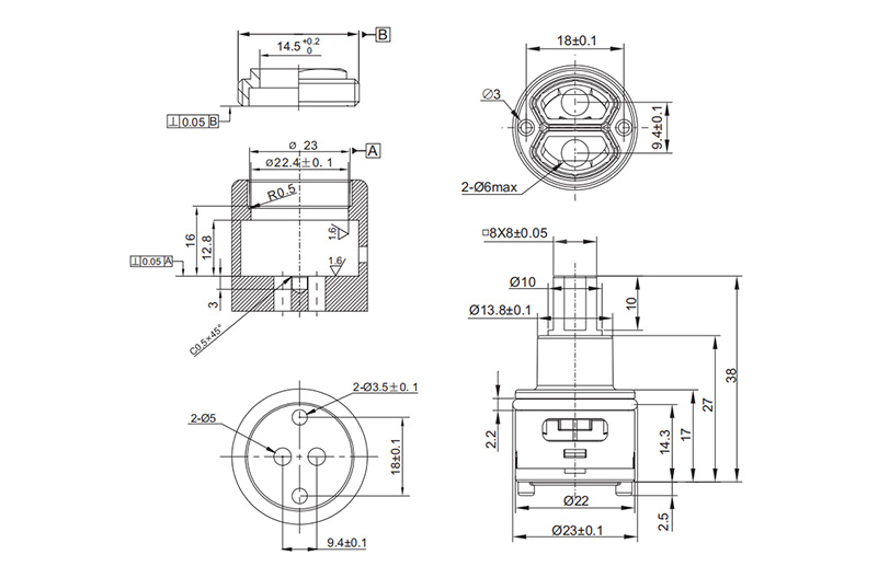 D22-4 22mm Diverter-2ways Drawing