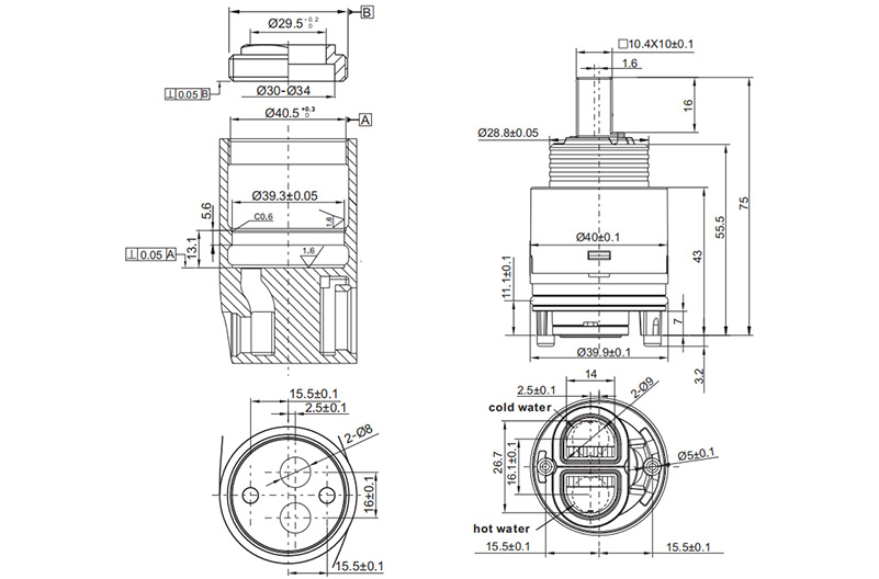 40PHF-K 40mm Pressure Balance Cartridge with Distributor Drawing