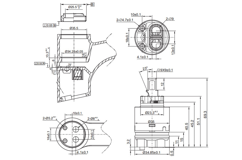 35PHF 35mm Pressure Balance Cartridge with Distributor Drawing