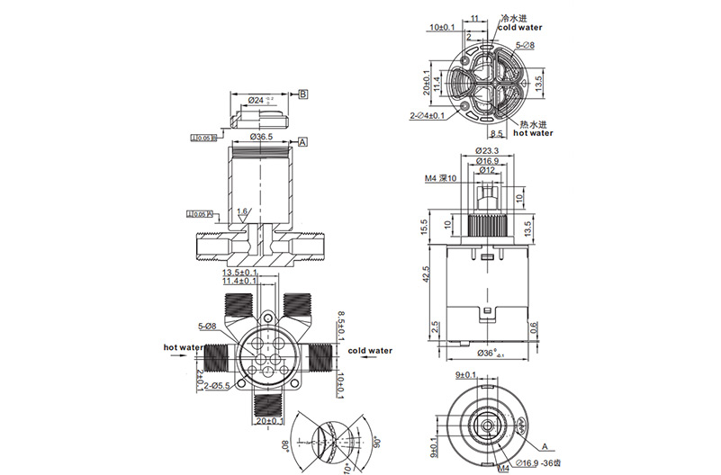 T36D2-3 36mm Three Function Diverter&Cartridge Two in One Drawing