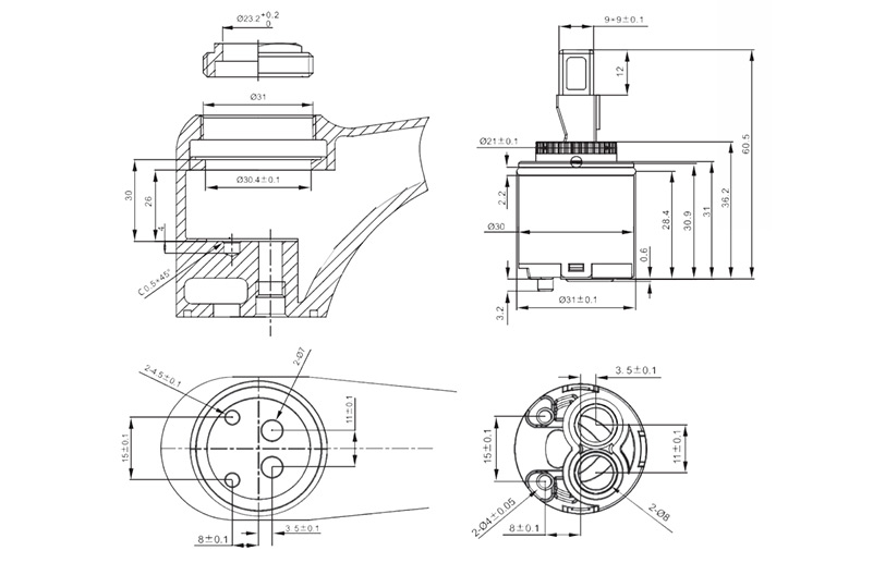 30D-11 30mm Side-outlet Cartridge with Distributor Drawing