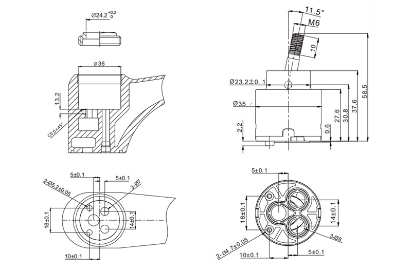 360°35D-1 35mm Joystick Low Torque Cartridge (Side Stop) Drawing